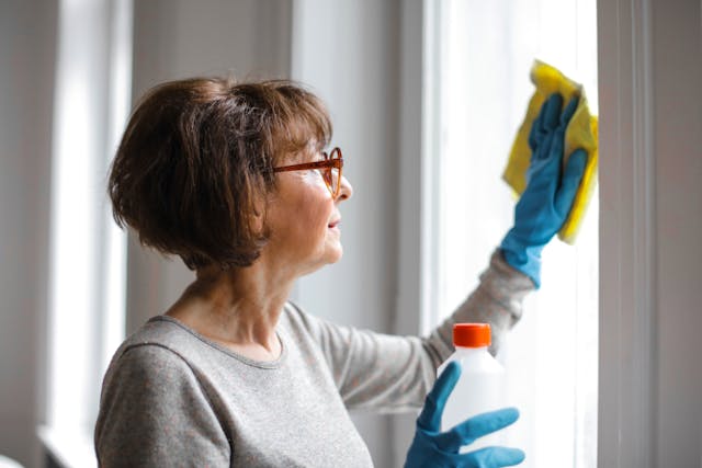 a girl cleaning glass window